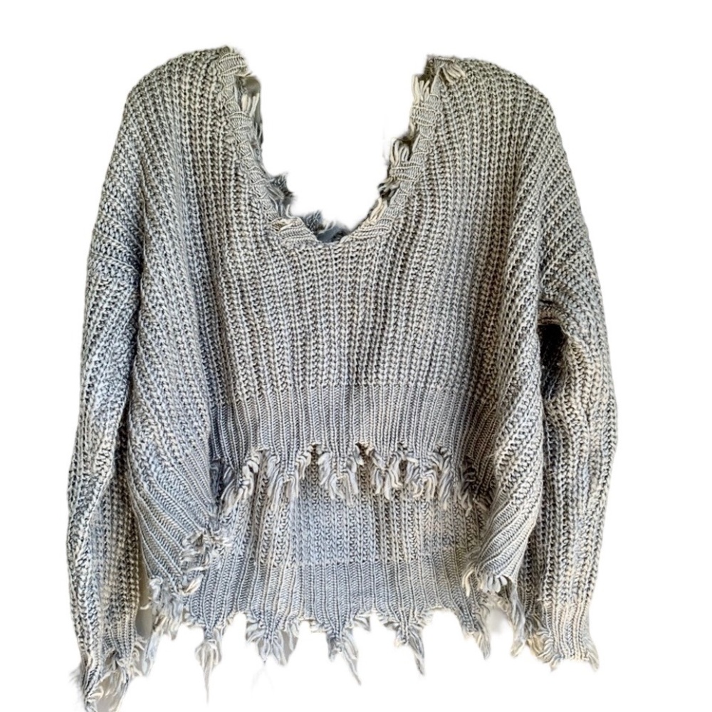 Grey destructed crop sweater by Anna Grace. Frayed v-neck and v-back. S